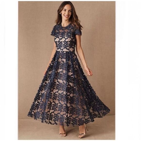 Anthropologie BHLDN Virdia Navy Lace Overlay Tea-Length Midi Dress - Picture 1 of 16
